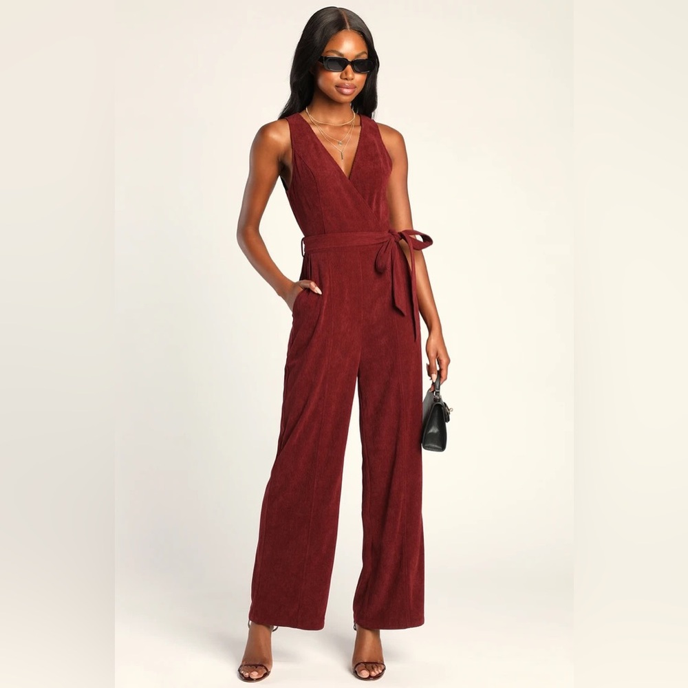 Lulu's Wine Red Sleeveless Wrap Jumpsuit
